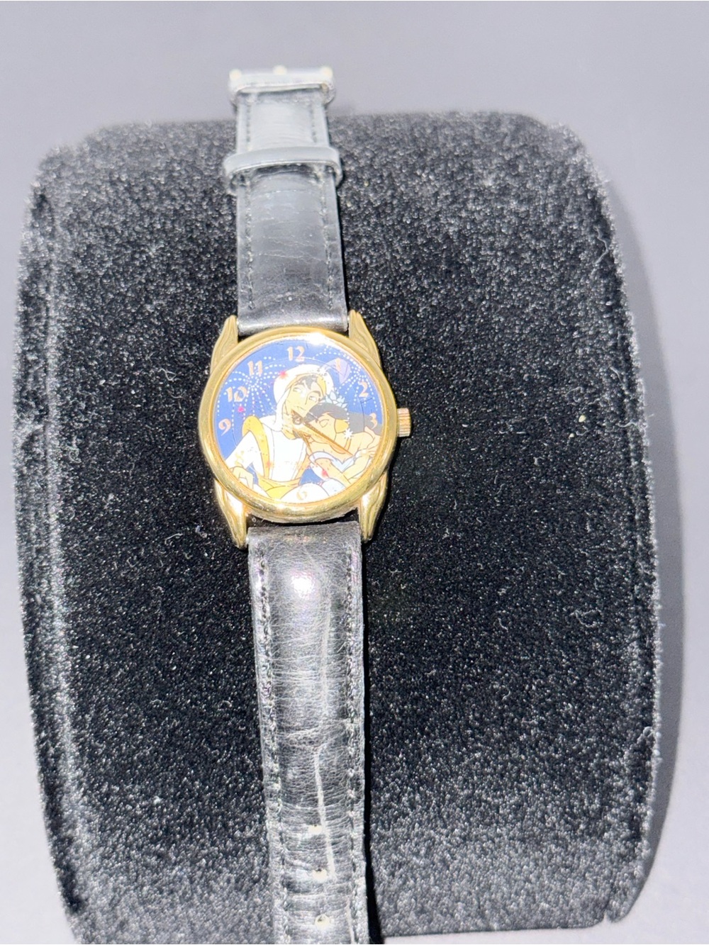 Disney Aladdin Gold-Tone Watch with Black Leather Strap
